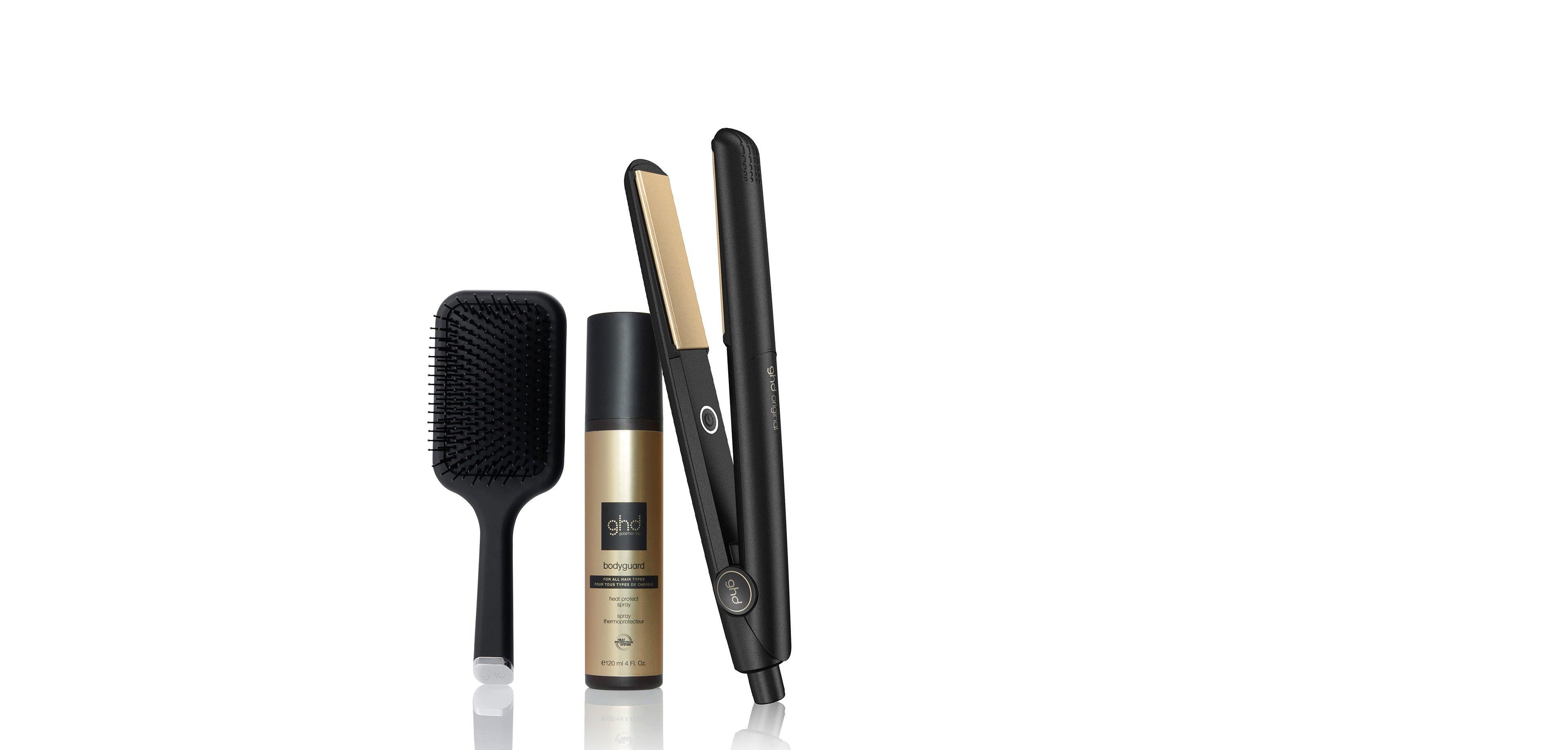 GHD ORIGINAL HAIR STRAIGHTENER BUNDLE SET IN BLACK WITH PADDLE BRUSH